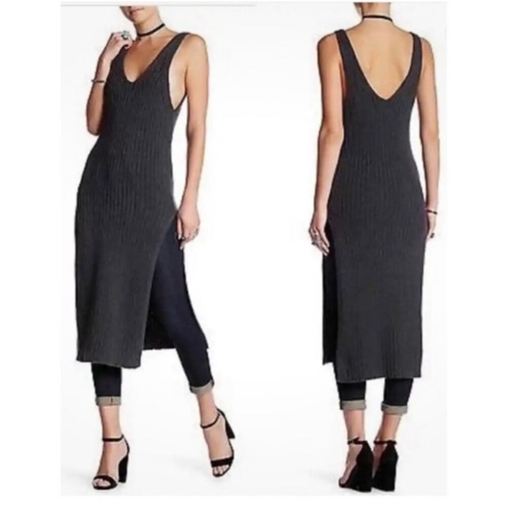 Free People Emmy Black Ribbed VNeck Tank Midi Dress Size Medium